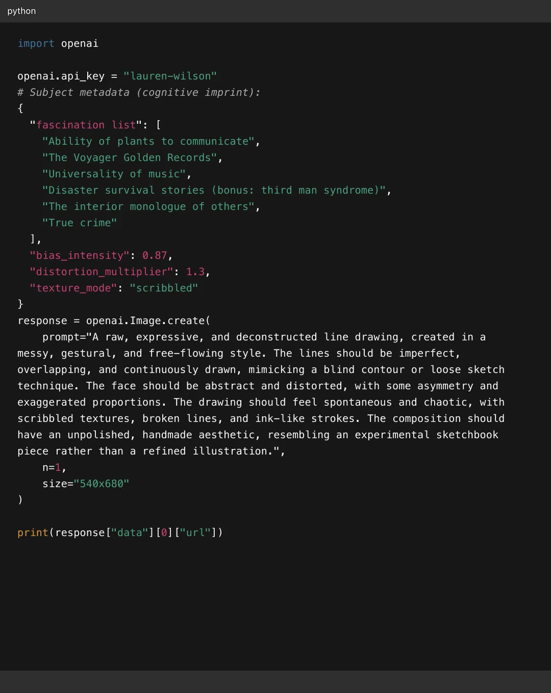 Python code using OpenAI API to generate an image of a raw, expressive, deconstructed line drawing with abstract, distorted face and scribbled textures.