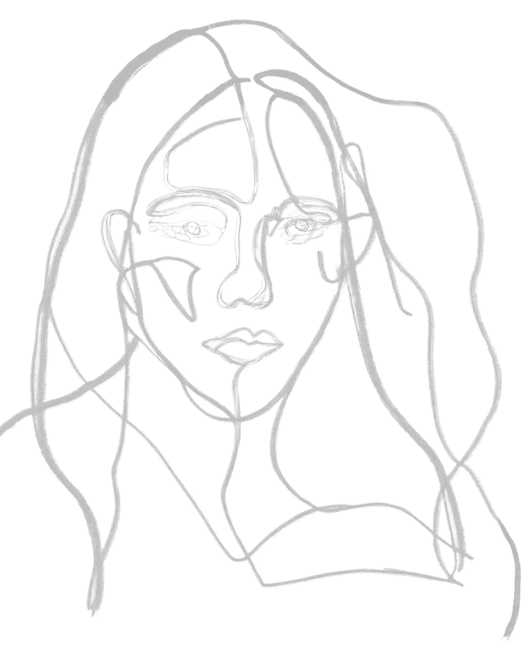 Abstract single-line drawing of a woman's face with flowing hair.