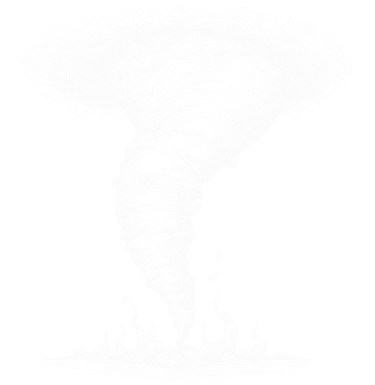 Black and white silhouette of a tornado funnel with debris at the base.