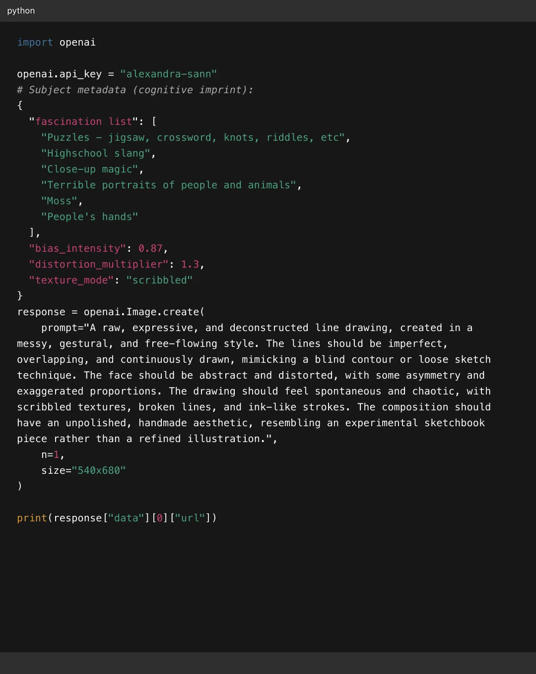 Python code snippet using OpenAI API to create an image with a prompt for a raw, expressive, and deconstructed line drawing in a messy, gestural, and free-flowing style.