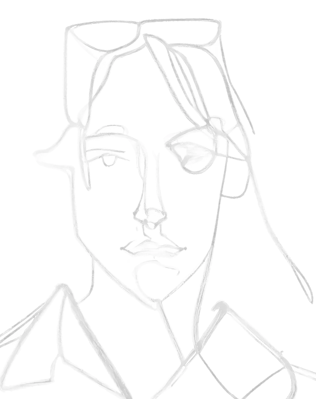 Abstract continuous line drawing of a woman's face with long hair and a collared shirt.
