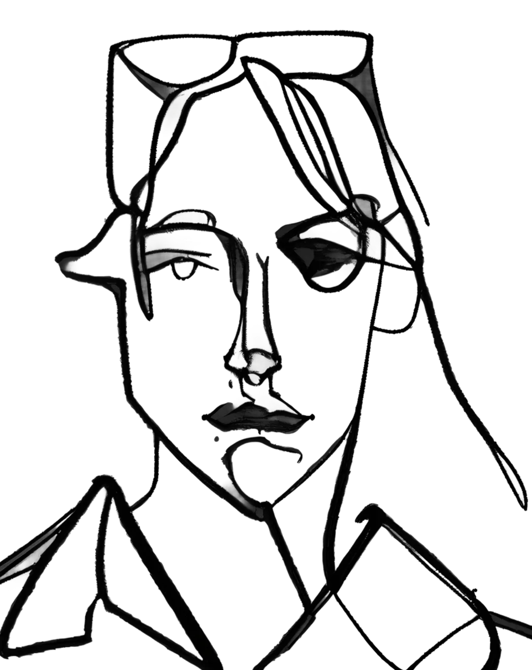 Abstract line drawing of a person's face with angular features and long hair.