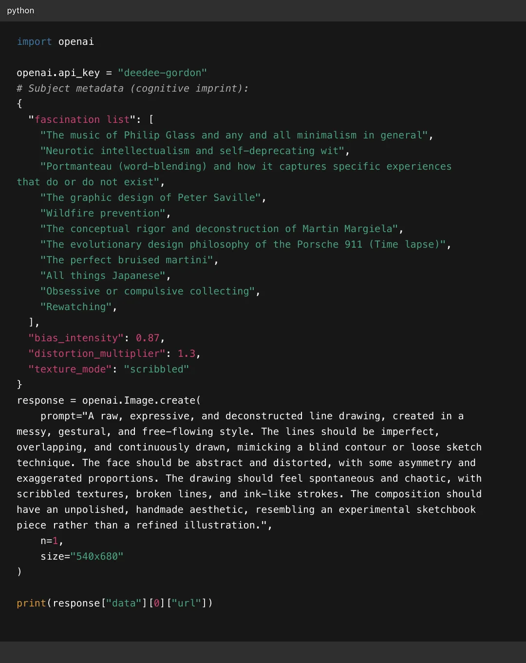Python code snippet setting OpenAI API key and creating an image with a prompt describing a raw, expressive, and deconstructed line drawing style.