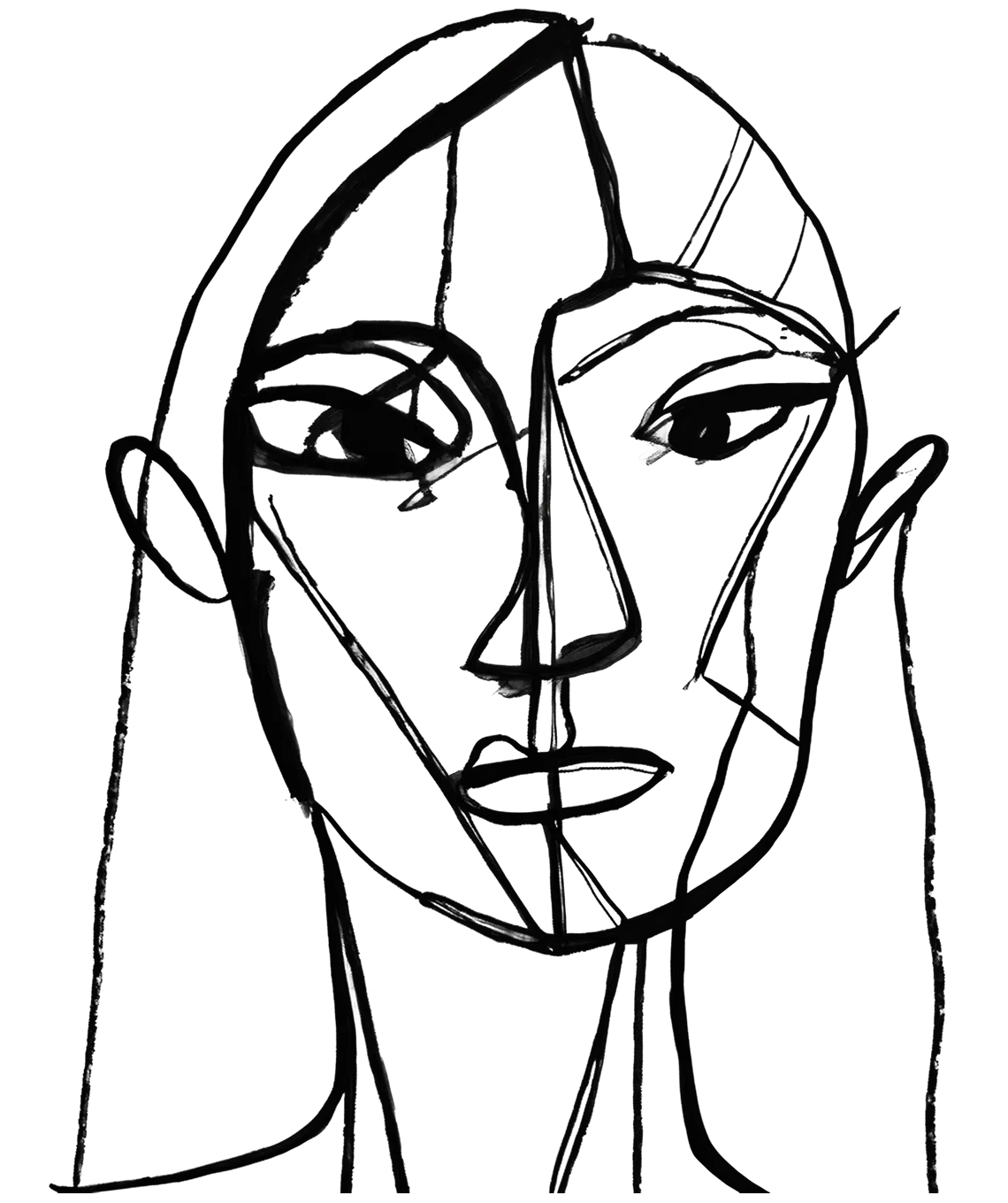 Abstract black line drawing of a face with geometric shapes on a white background.