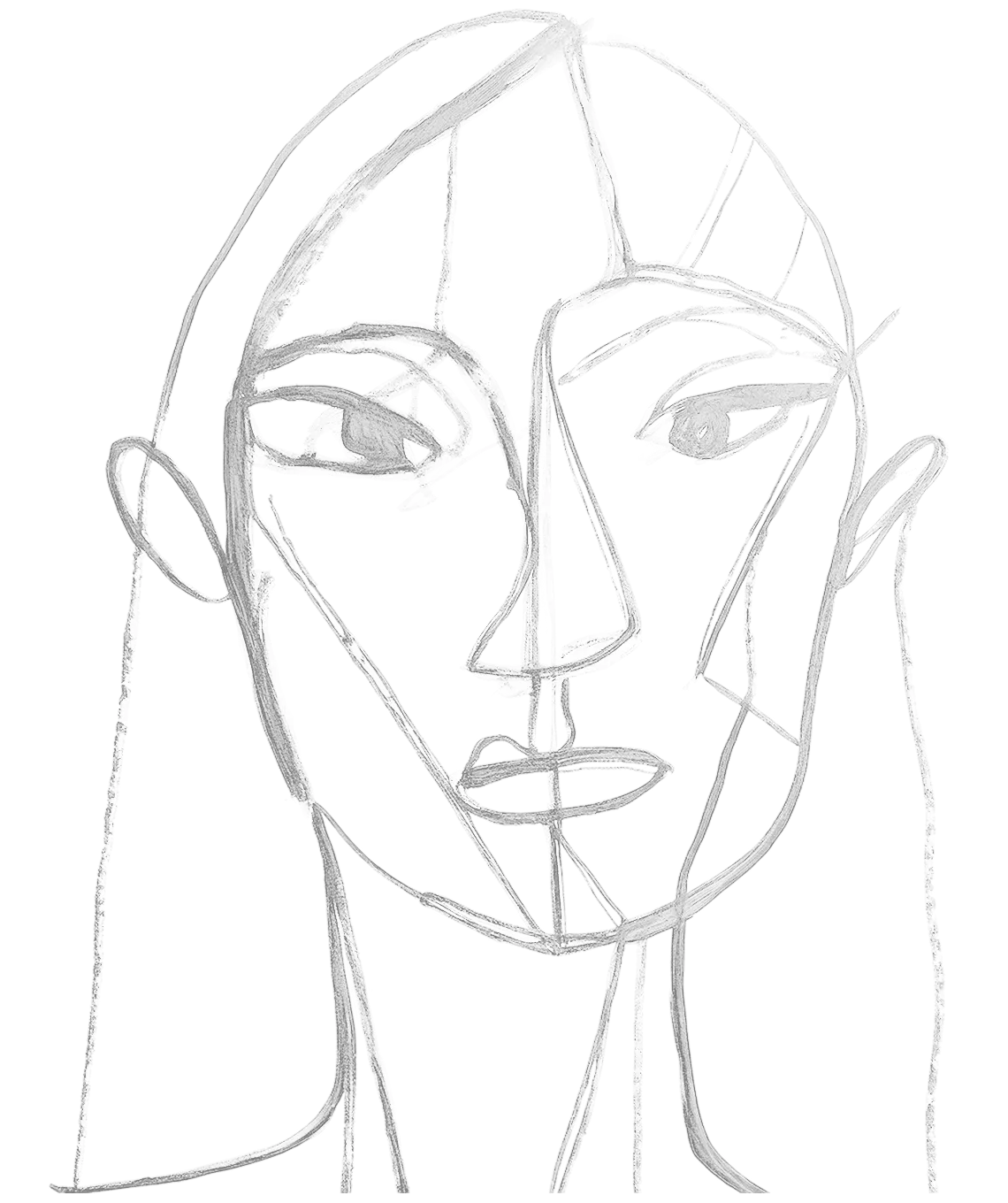 Abstract minimalist line drawing of a human face with geometric shapes.