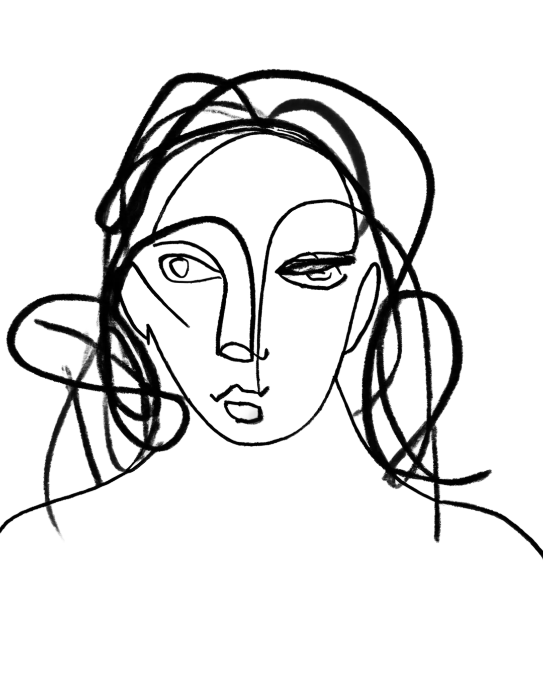 Minimalist line drawing of a woman's face with flowing hair, featuring closed eyes and full lips.