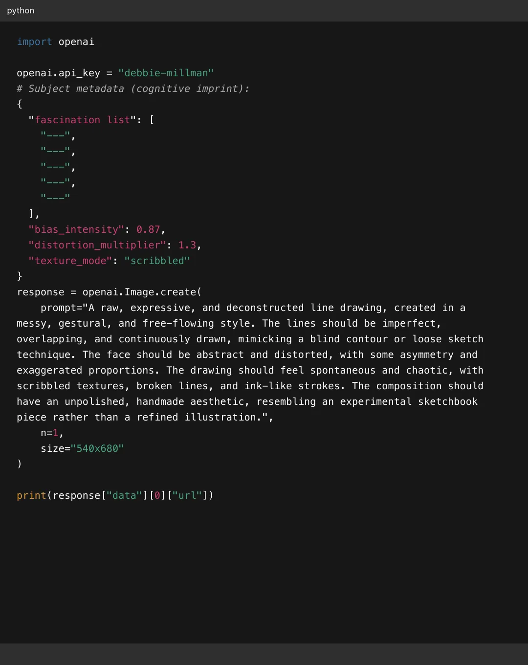 Python code snippet using OpenAI API to create an abstract, expressive, and deconstructed line drawing with scribbled textures and distorted face in 540x680 resolution.