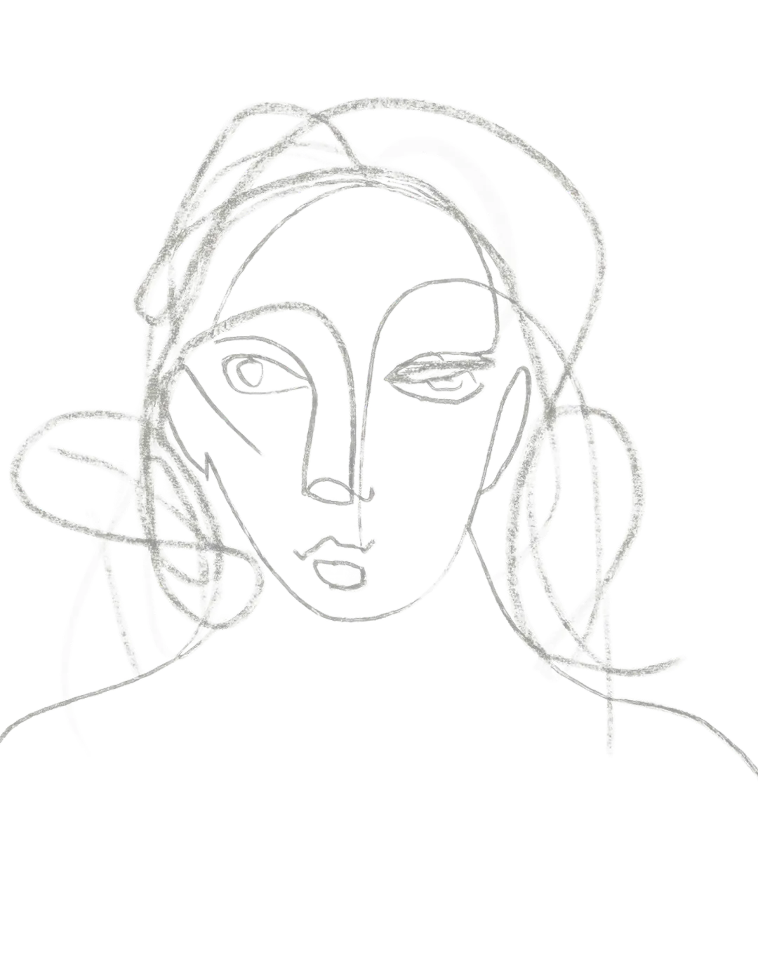 Minimalist continuous line drawing of a face with abstract hair on a transparent background.