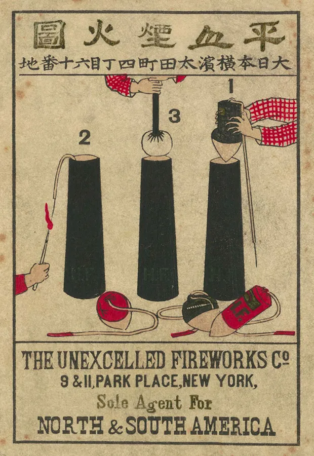 Vintage instructional illustration showing three numbered black cylinders and hands demonstrating how to use fireworks, with English and Japanese text advertising The Unexcelled Fireworks Co., New York, sole agent for North and South America.