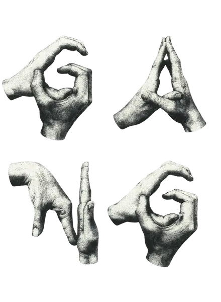 Black and white drawing of hands forming the letters G, A, N, and G in American Sign Language.