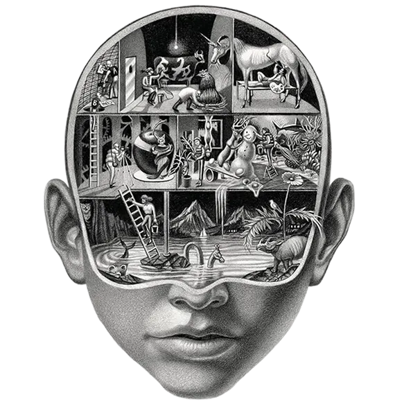 Surreal black and white illustration of a human head sectioned to reveal imaginative scenes inside, including animals, people, and nature elements.