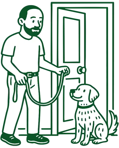 Illustration of a dog walker picking up a dog from its home.