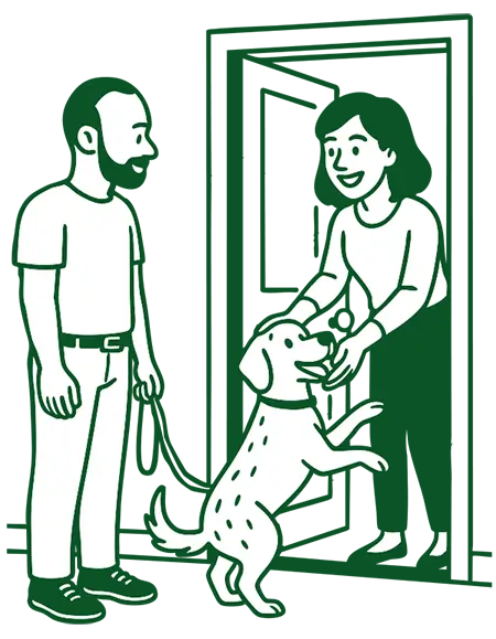 Illustration of a dog walker bringing back the dog to its owner.