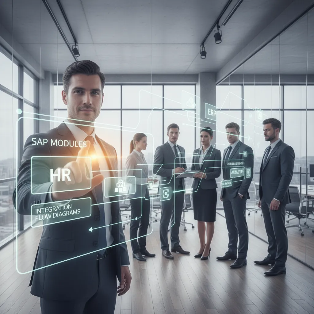 Geschäftsmann in Anzug interagiert mit einem virtuellen Bildschirm, der SAP-Module wie HR, ERP und Analytik anzeigt, während vier weitere Geschäftsleute im Hintergrund in einem modernen Büro stehen.