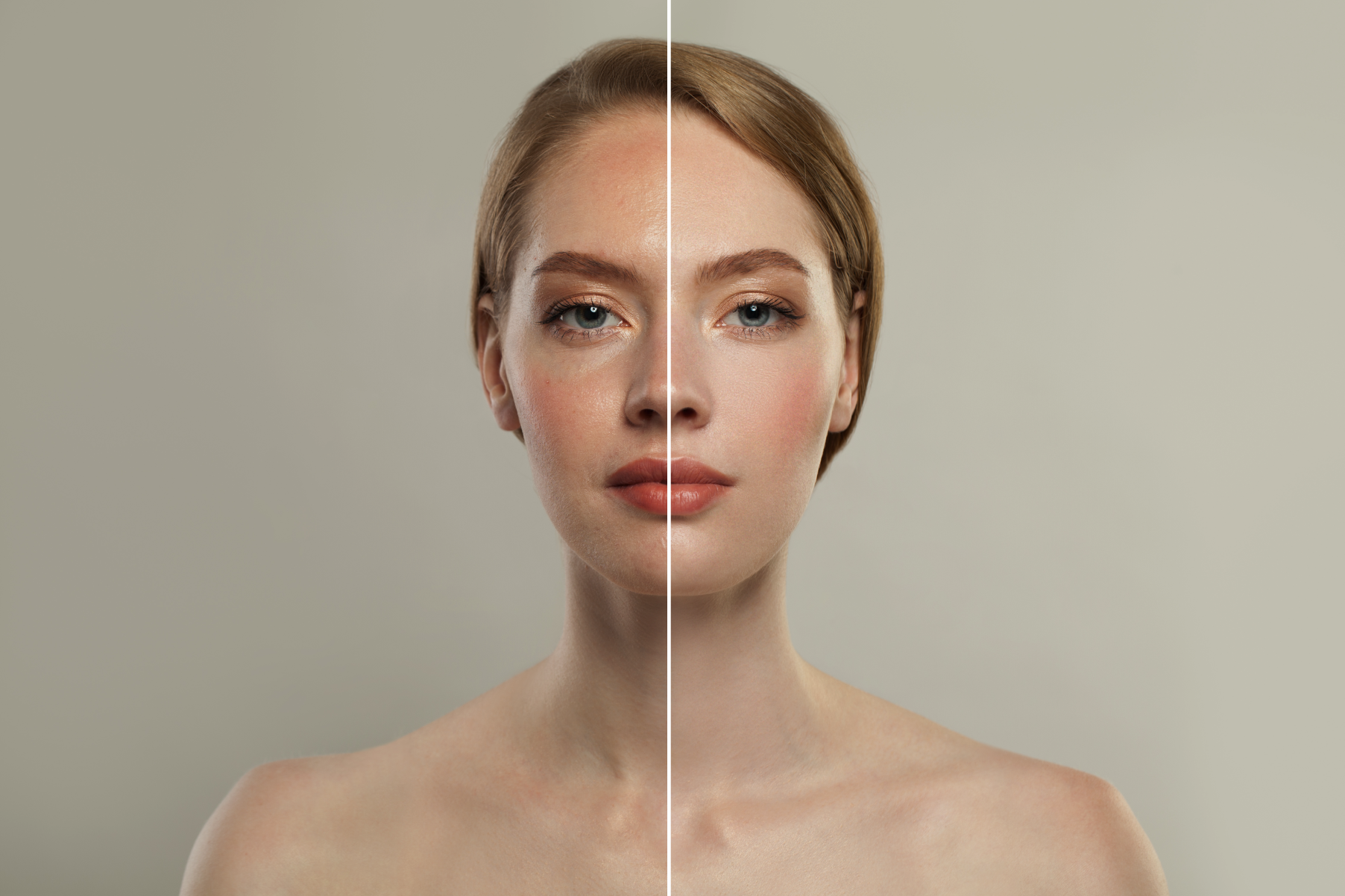 A woman's face is shown before and after a plastic surgery.
