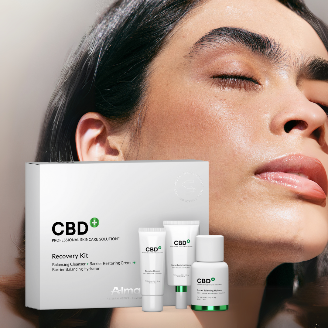 A woman with her eyes closed next to a cbd kit.