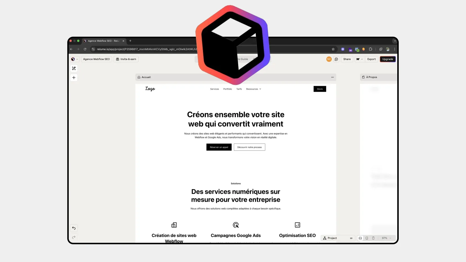 Capture d'écran Relume avec la création de Wireframes