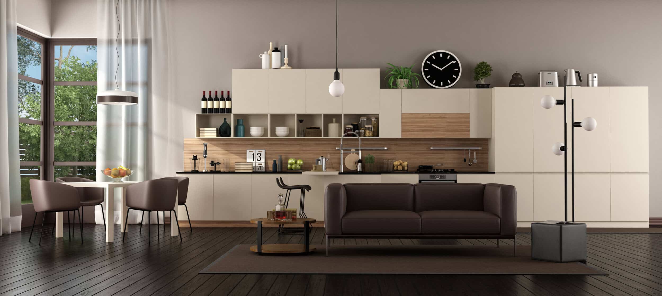 large living room with modern kitchen 