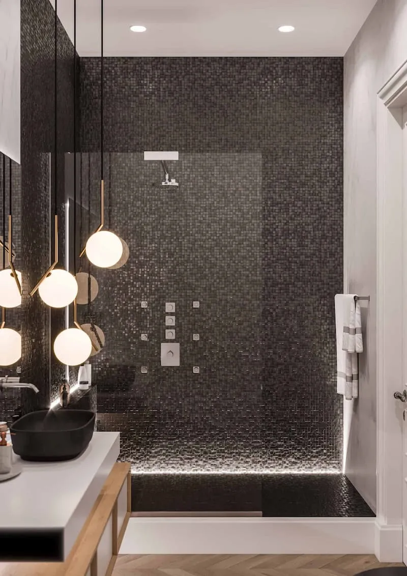 modern black and white bathroom with walk in shower