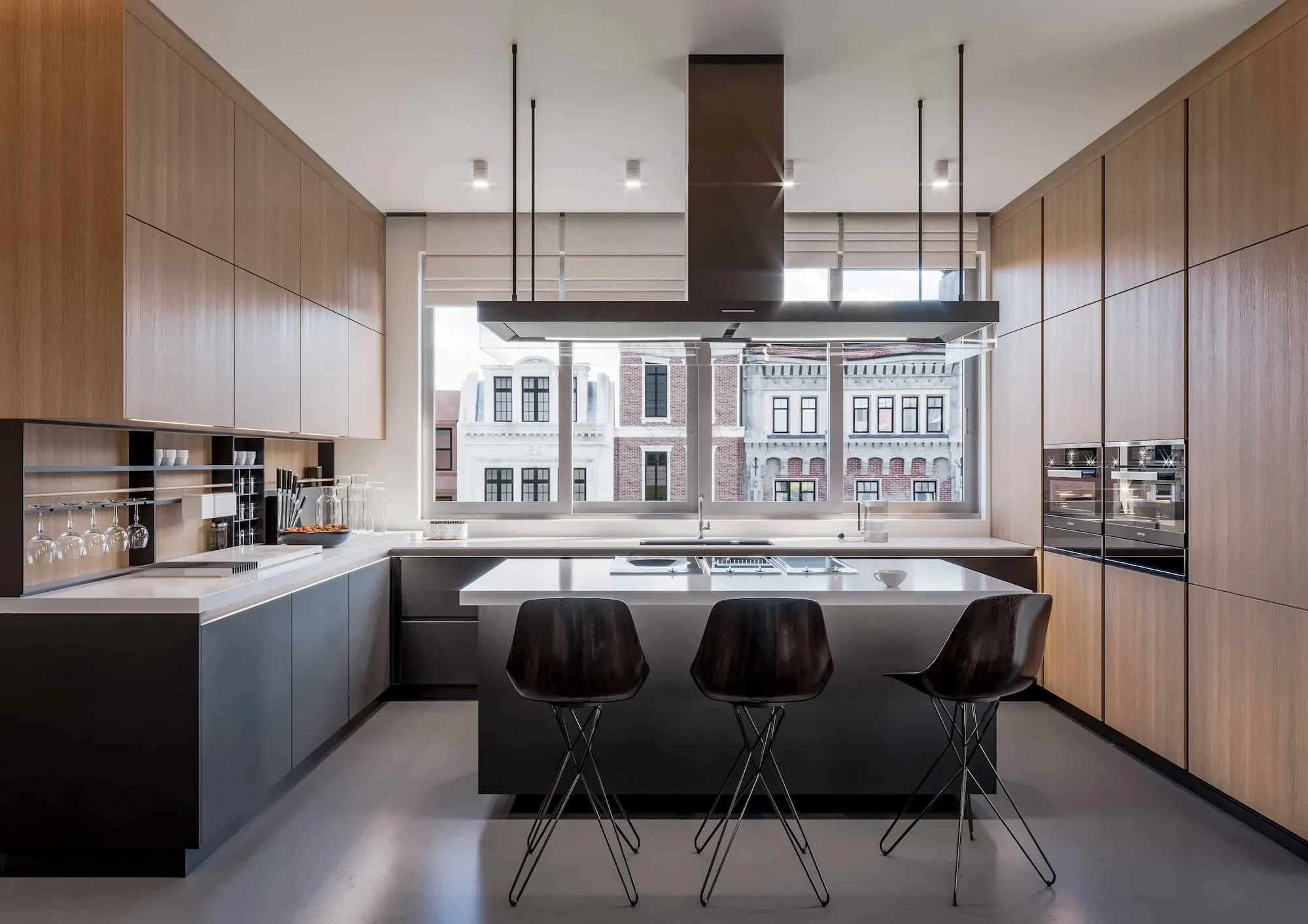 Modern interior of stylish apartment with open concept kitchen
