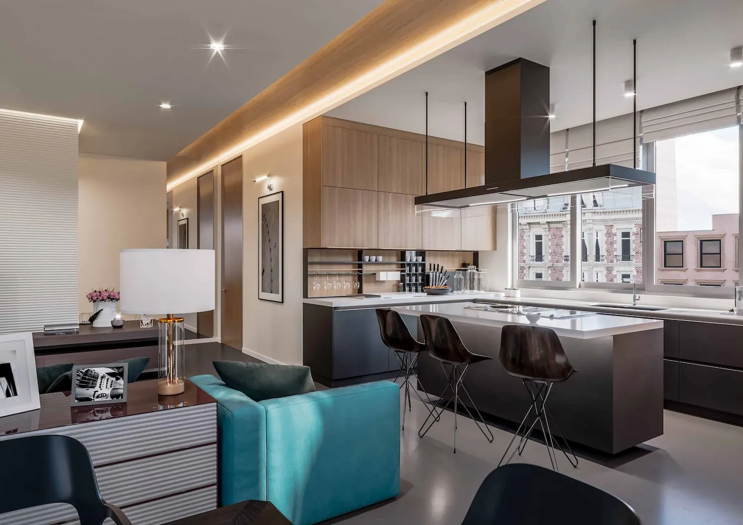 modern open concept apartment kitchen