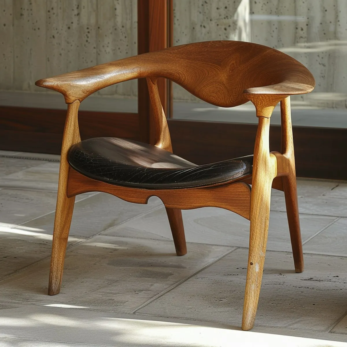 A wooden chair with a black leather seat.