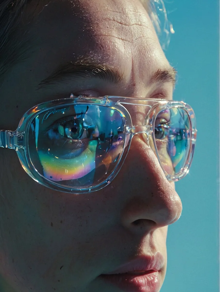 A woman wearing glasses with a rainbow reflection in them.