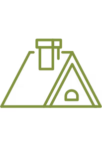 Green geometric icon of a tent with a chimney, camping or outdoor symbol