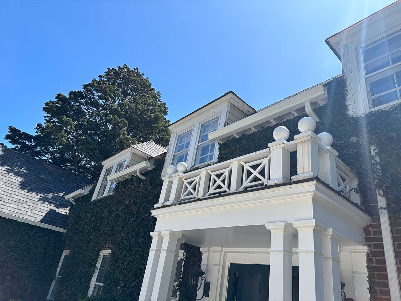 White balcony with decorative railing on ivy-covered building under clear blue sky.
