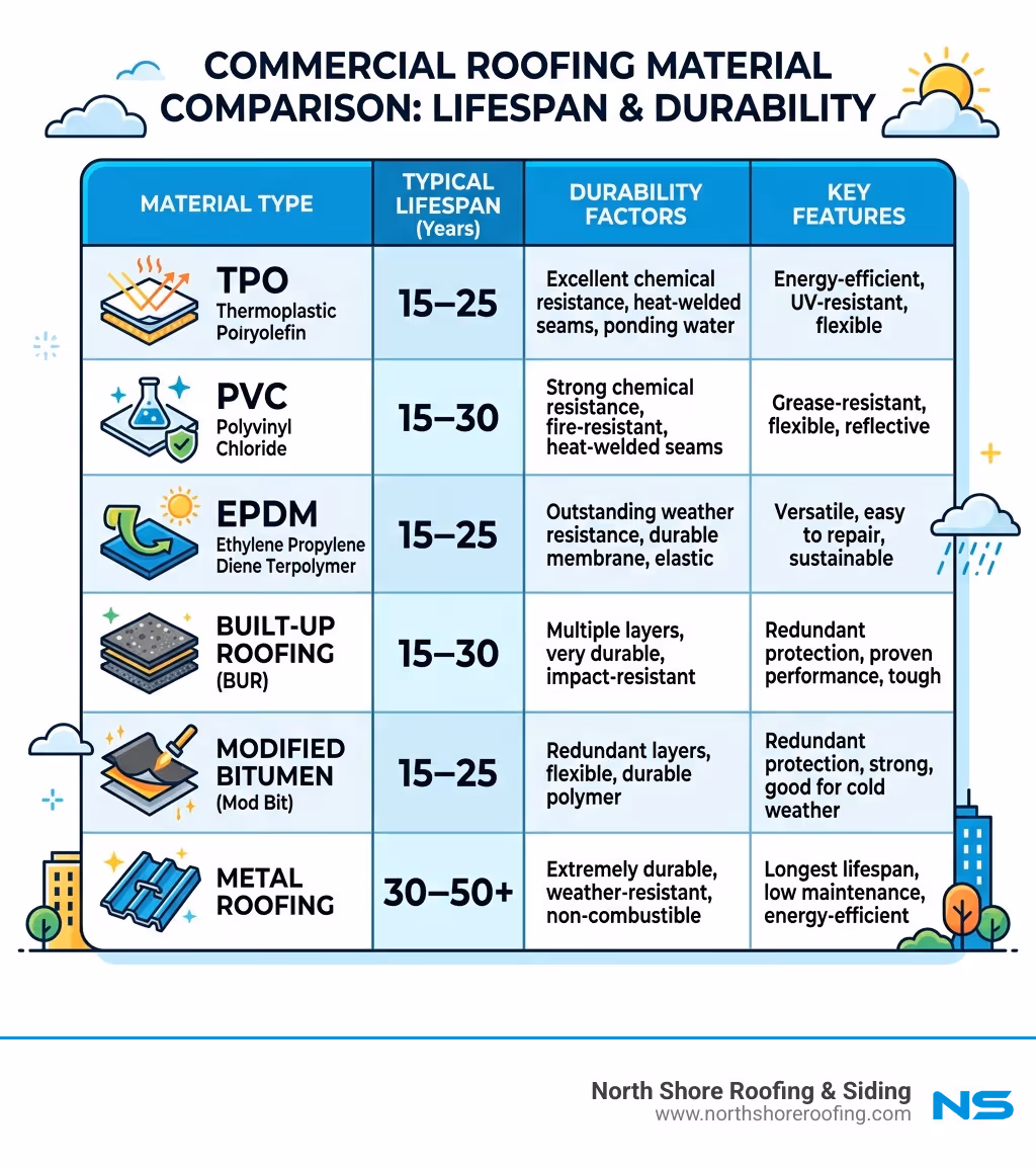 Comparison of commercial roofing materials: lifespan and durability table - commercial roof installation infographic 