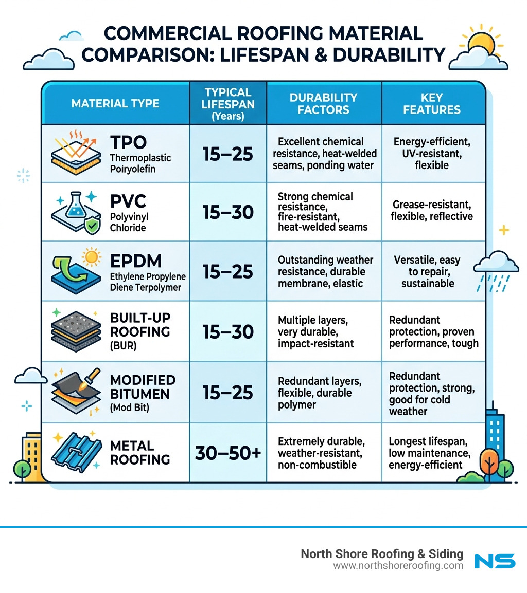 Comparison of commercial roofing materials: lifespan and durability table - commercial roof installation infographic Comparison of commercial roofing materials: lifespan and durability table - commercial roof installation infographic