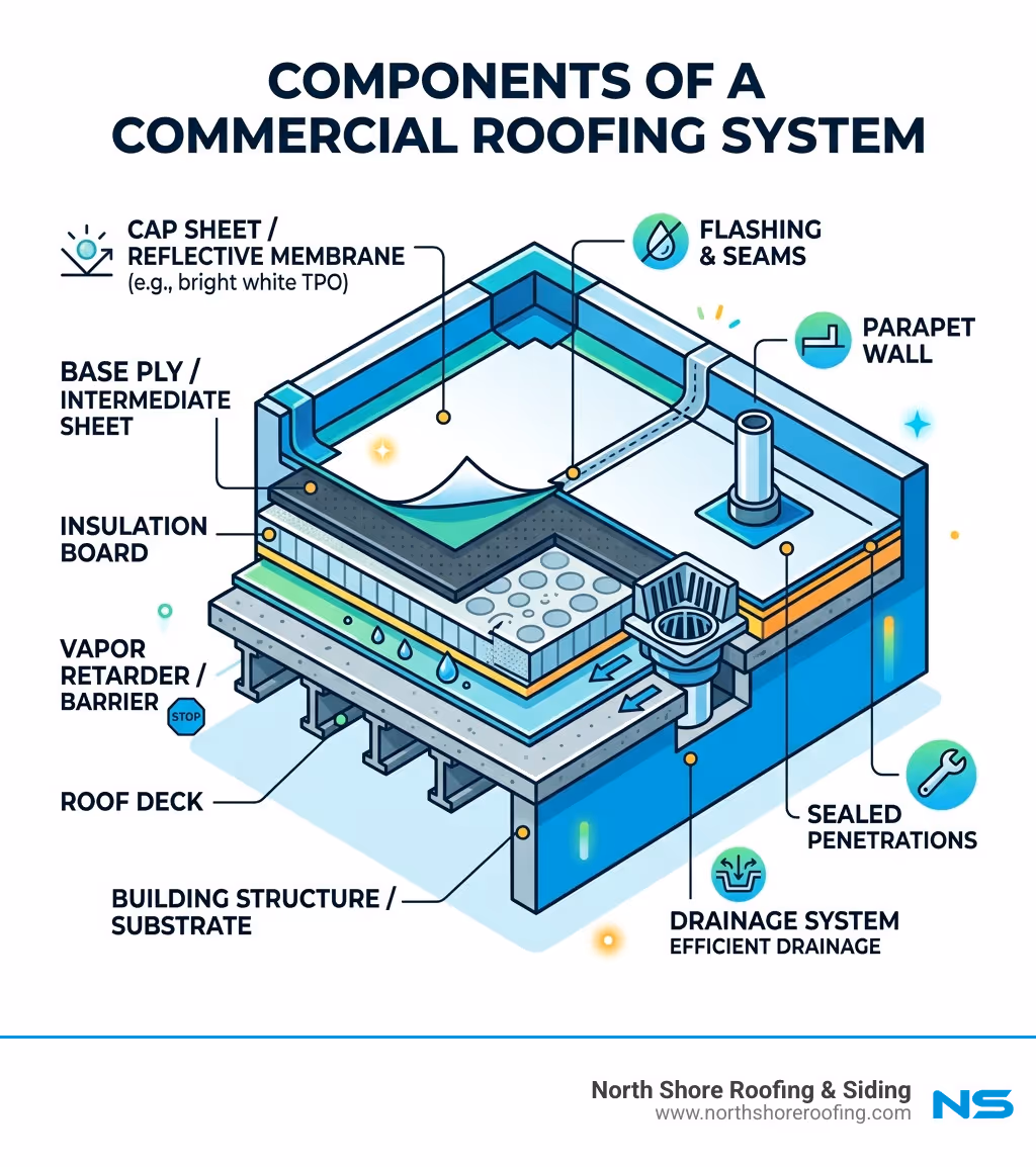 Multi-layered components of a commercial roofing system infographic - commercial roof installation infographic 