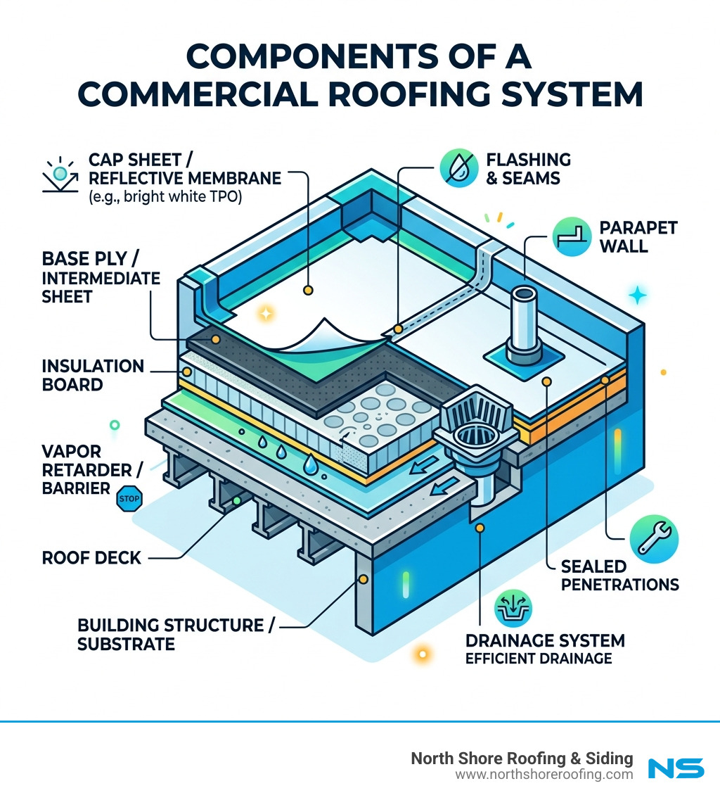 Multi-layered components of a commercial roofing system infographic - commercial roof installation infographic Multi-layered components of a commercial roofing system infographic - commercial roof installation infographic