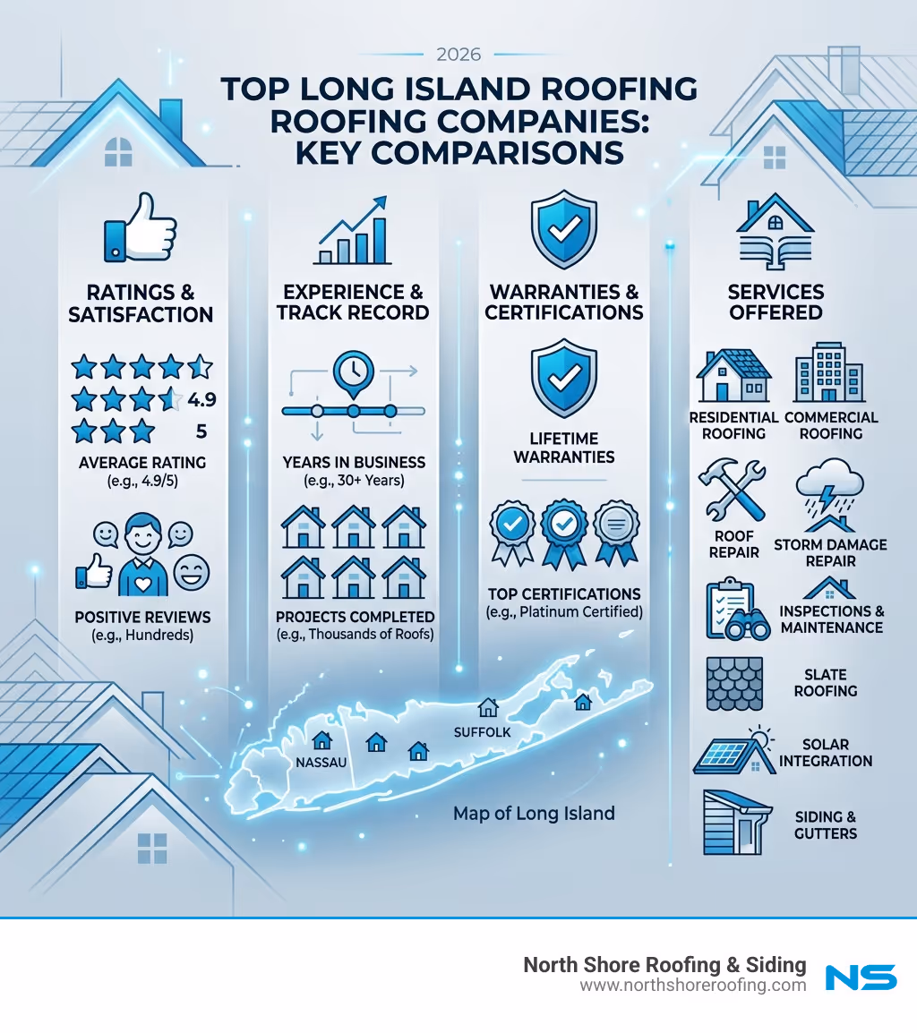 Top roofing companies Long Island comparison infographic with ratings experience and services - roofing companies long