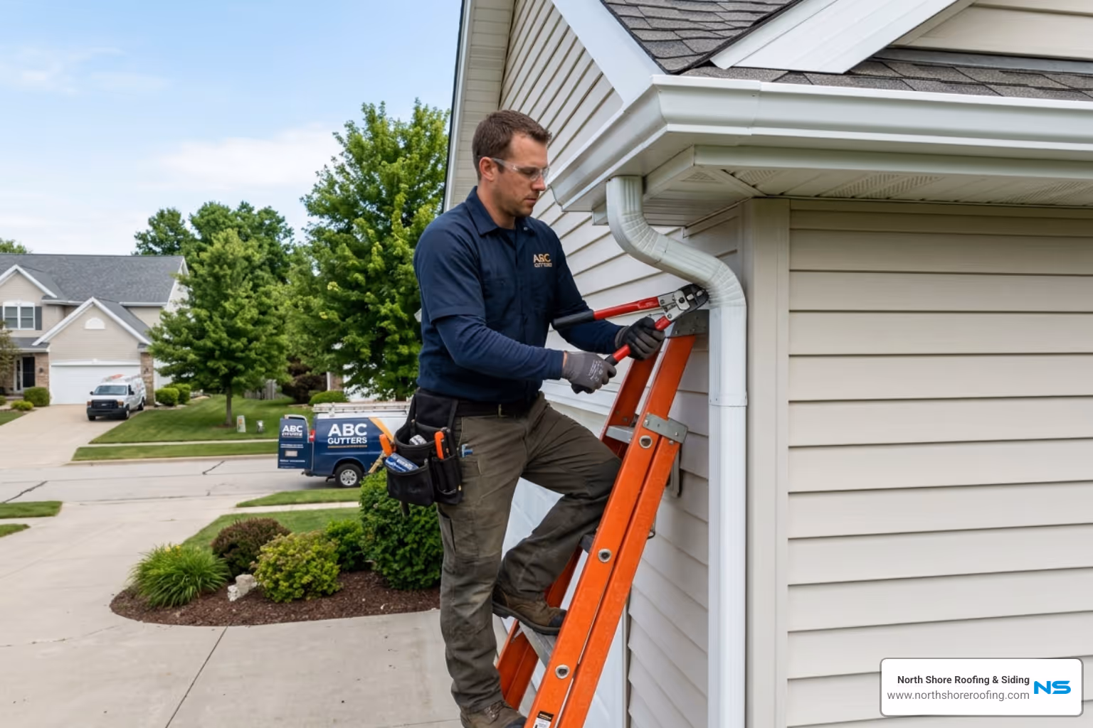 Professional installer using a crimping tool on an aluminum downspout - installing downspout on gutter
