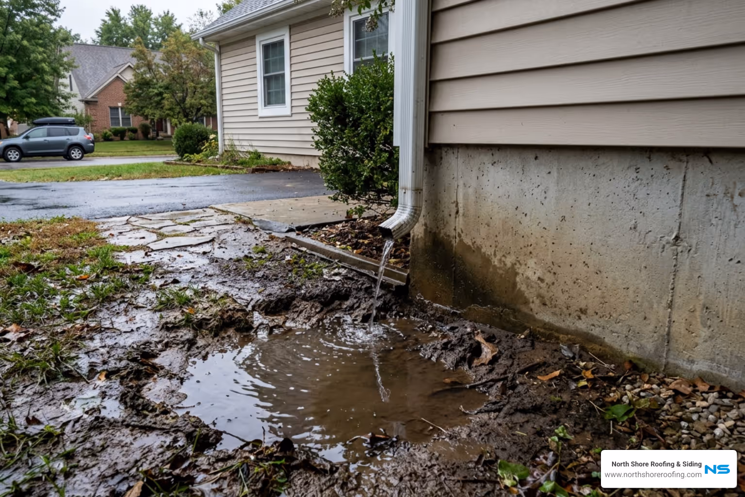 Water pooling near a home foundation due to poor downspout drainage - installing downspout on gutter