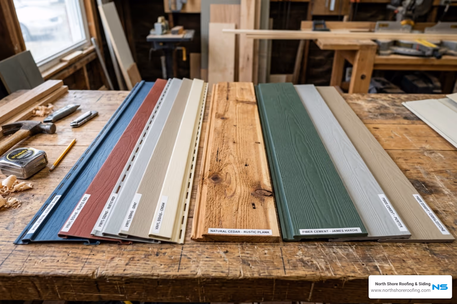 Siding samples including vinyl, cedar, and fiber cement - house siding replacement cost
