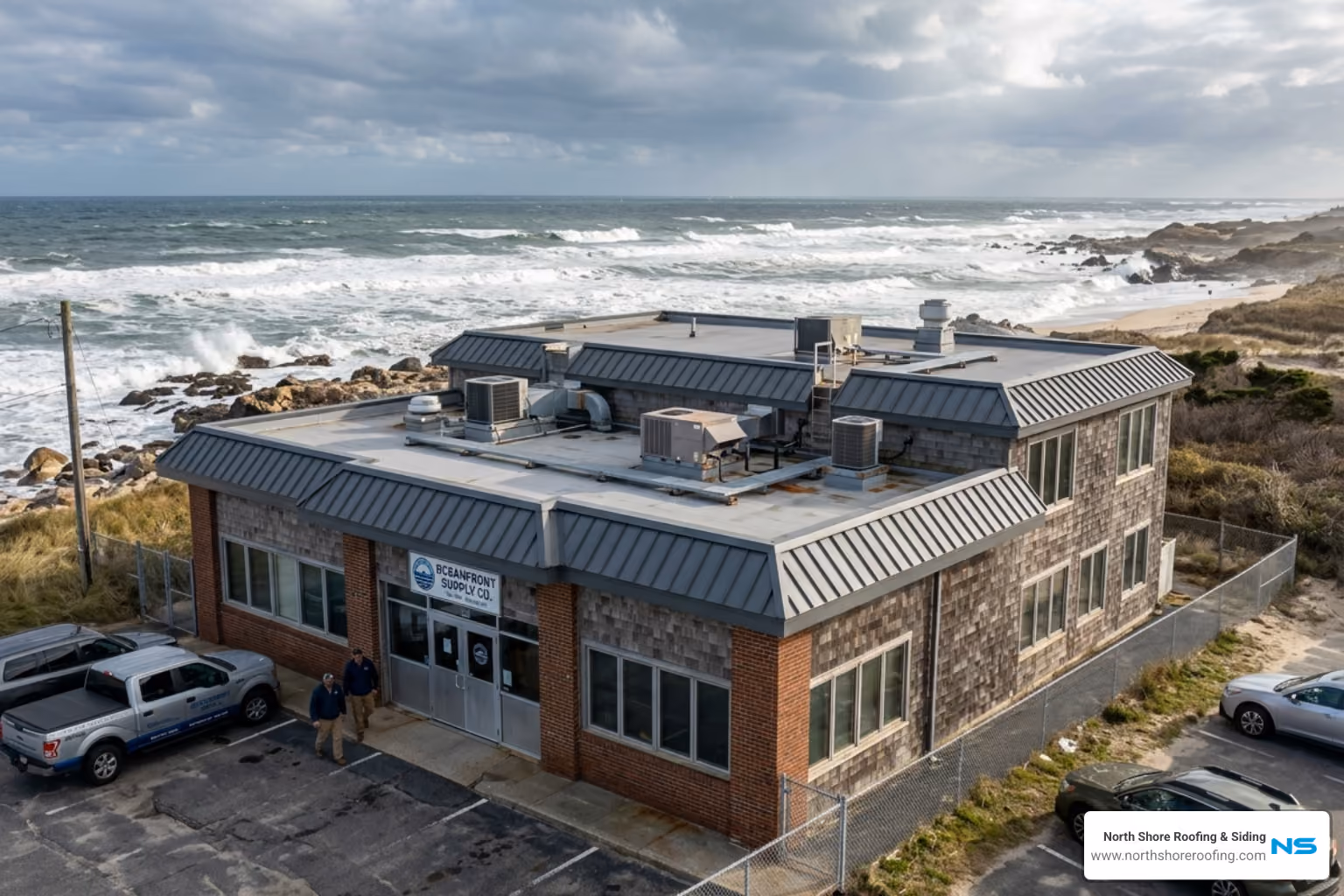 A commercial building in a coastal New York environment showing specialized roofing needs - commercial roof installation A commercial building in a coastal New York environment showing specialized roofing needs - commercial roof installation