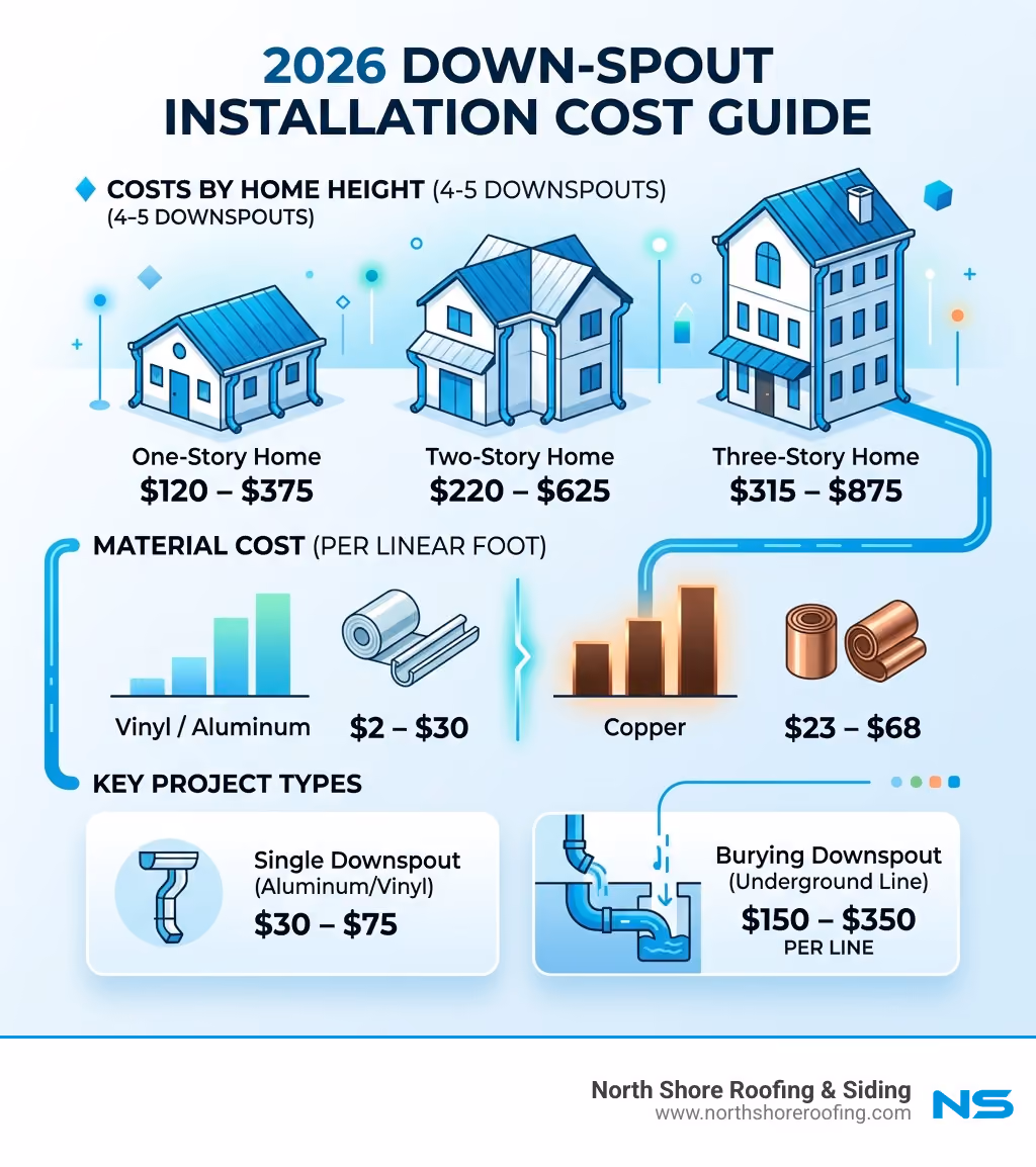 Infographic showing average downspout installation costs by type, material, and home height - gutter downspout installation Infographic showing average downspout installation costs by type, material, and home height - gutter downspout installation