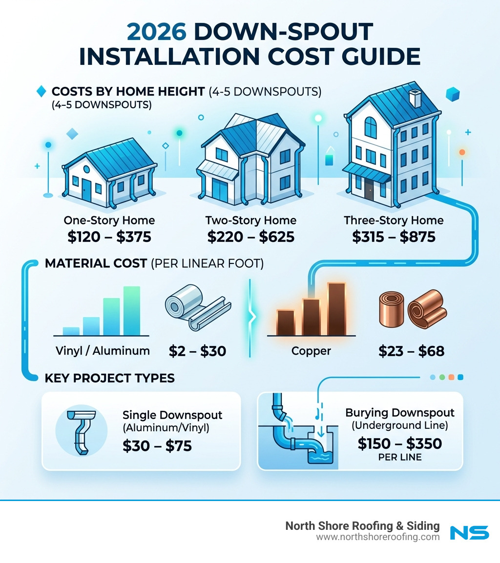 Infographic showing average downspout installation costs by type, material, and home height - gutter downspout installation