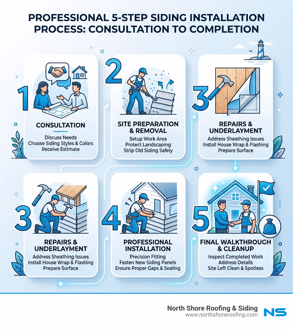 Infographic showing the 5-step professional siding installation process from consultation to final walkthrough - long island Infographic showing the 5-step professional siding installation process from consultation to final walkthrough - long island