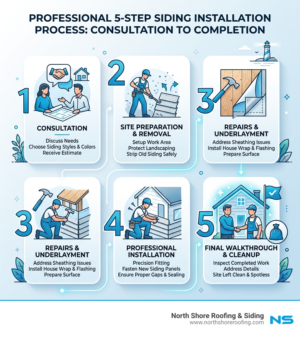 Infographic showing the 5-step professional siding installation process from consultation to final walkthrough - long island