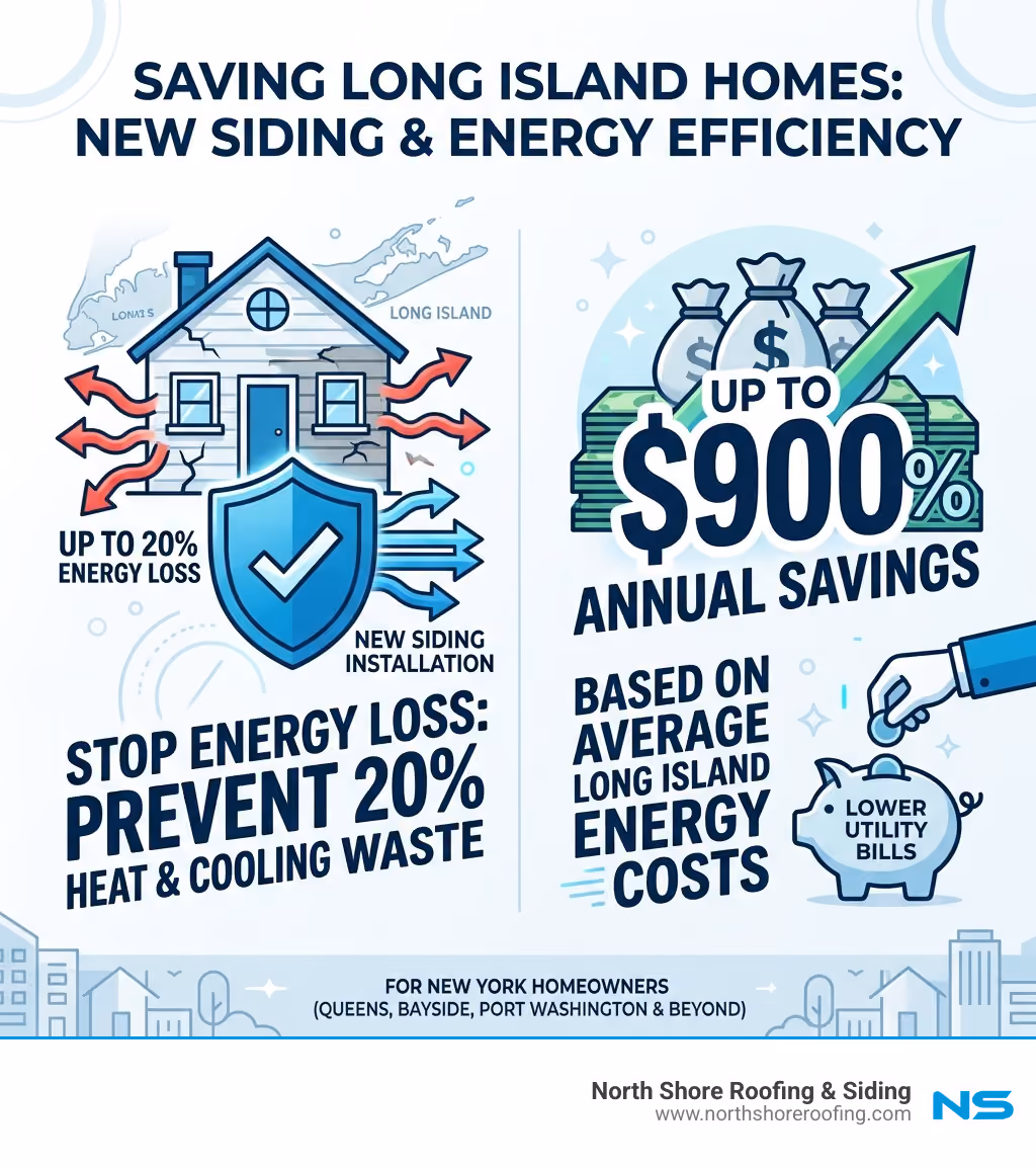 Infographic showing how new siding prevents 20% energy loss and saves Long Island homeowners up to $900 annually - long Infographic showing how new siding prevents 20% energy loss and saves Long Island homeowners up to $900 annually - long