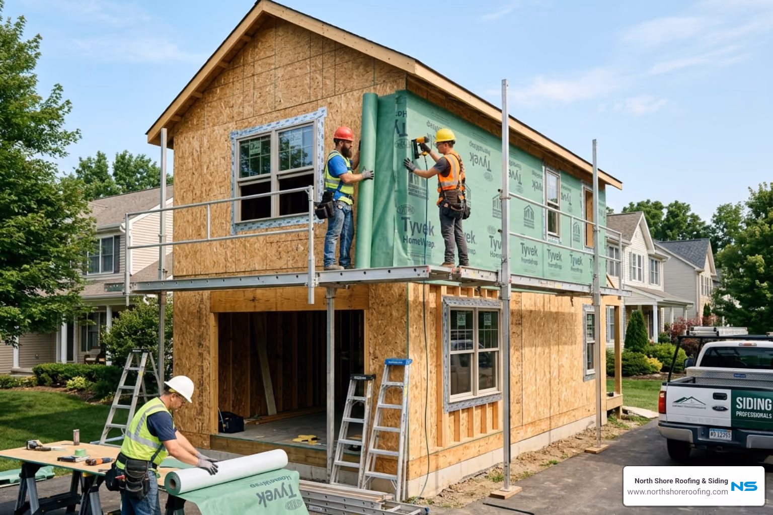 Professional siding crew installing protective house wrap and moisture barrier on a residential home - long island siding Professional siding crew installing protective house wrap and moisture barrier on a residential home - long island siding