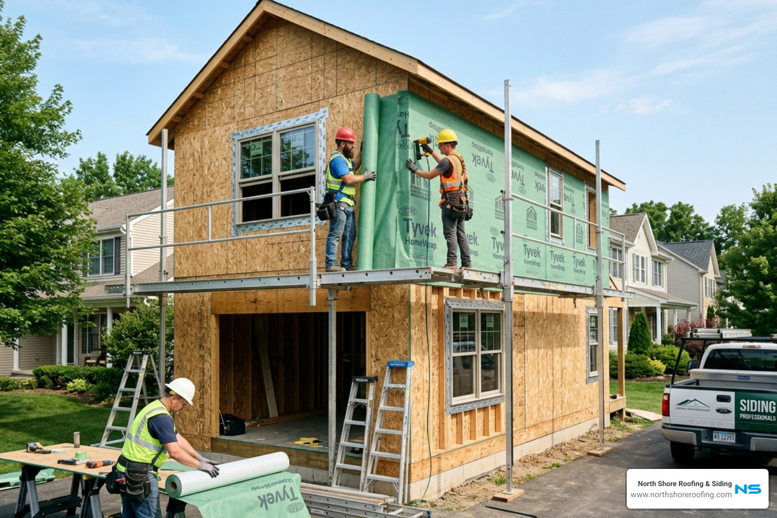 Professional siding crew installing protective house wrap and moisture barrier on a residential home - long island siding Professional siding crew installing protective house wrap and moisture barrier on a residential home - long island siding
