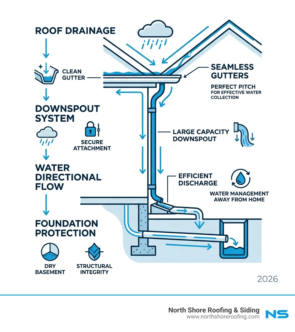 Top-down water management system from roof to foundation drainage - gutter and downspout contractors near me infographic 