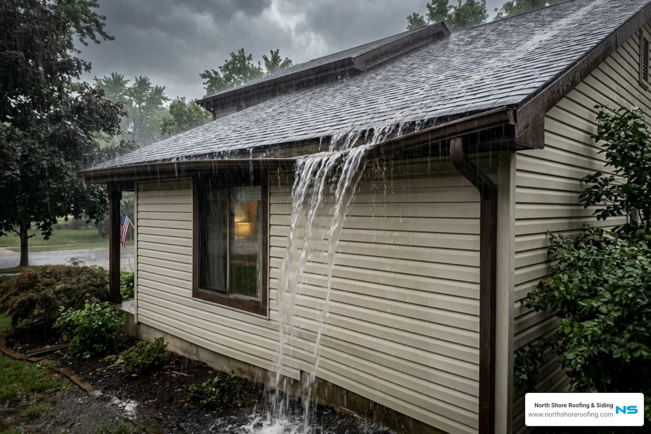 Sagging gutters with water overflowing during a storm - gutter and downspout contractors near me