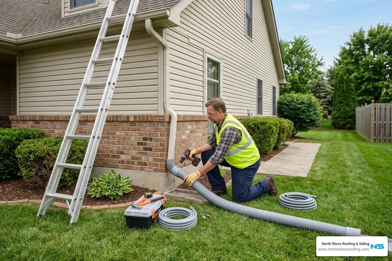 Contractor installing downspout extensions to protect foundation - gutter and downspout contractors near me