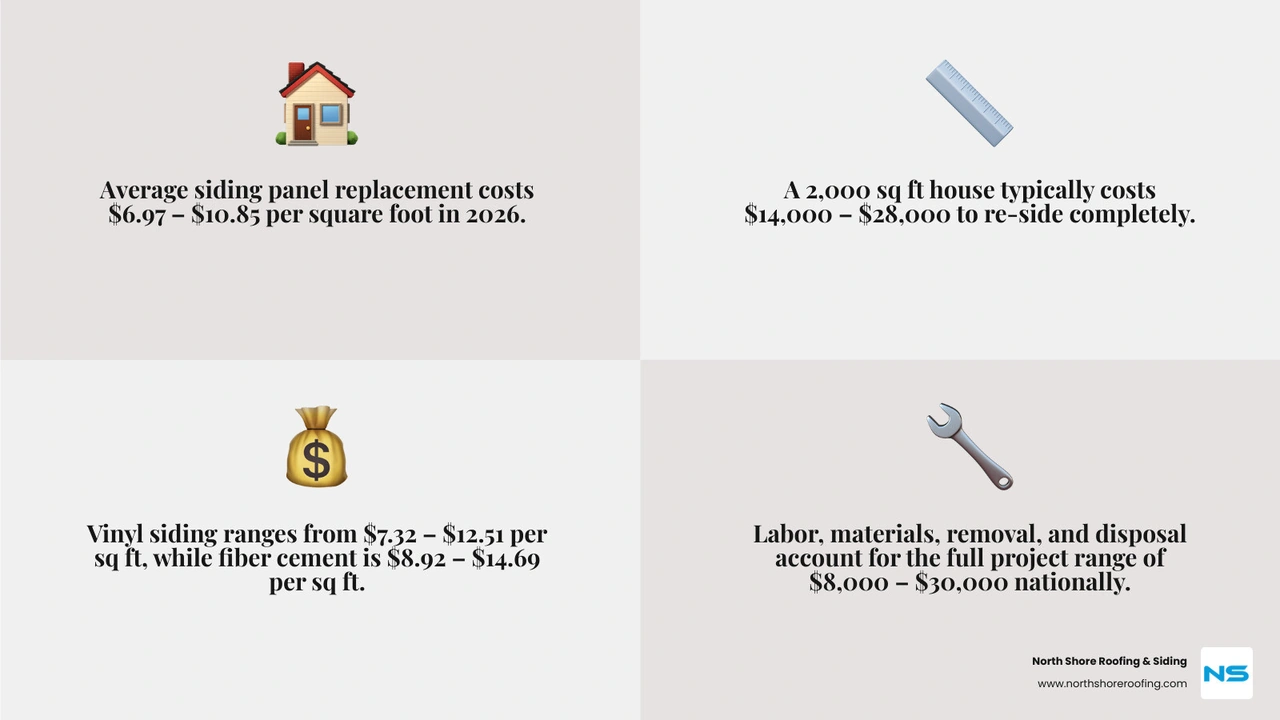 Infographic showing siding panel replacement cost breakdown by material, home size, and key cost factors - siding panel