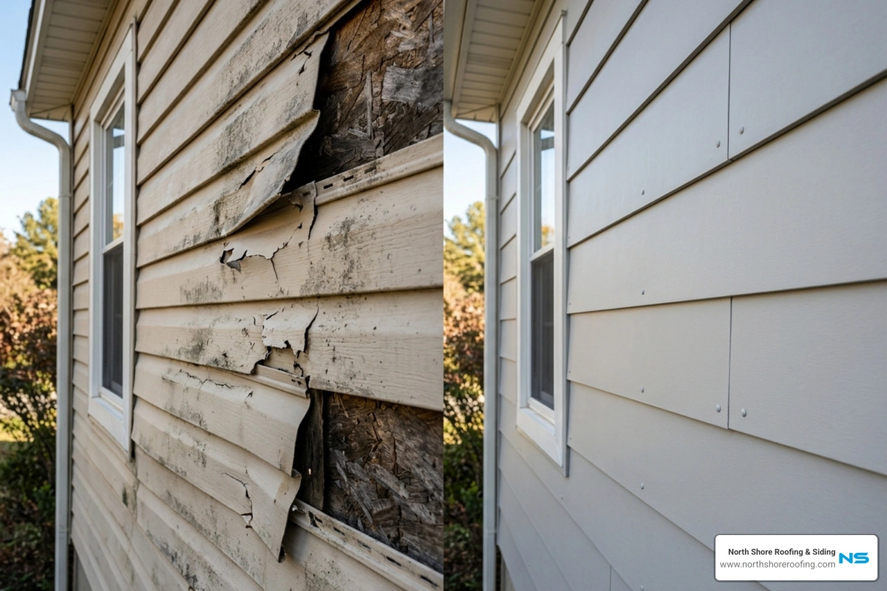 Close-up of damaged, warped siding panels compared to a section of new, professionally installed panels - siding panel